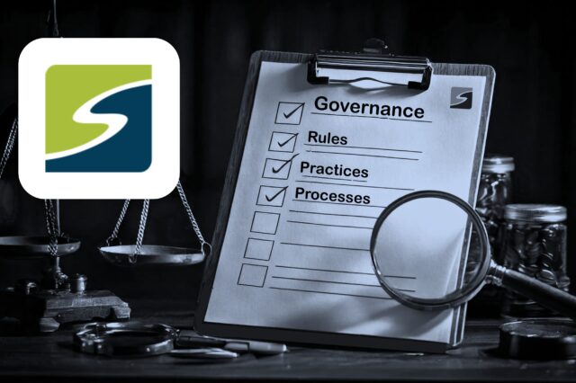 a clipboard with the title Governance, a magnifying glass, and the GSS logo