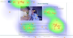A heat map of the "welcome to Acas e-learning" page, with thumbs up and thumbs down icons across the page.