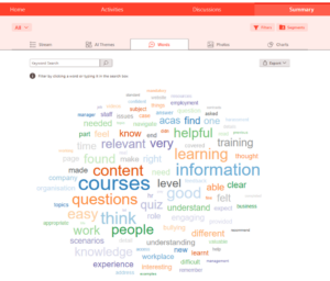 A word cloud, showing words used by participants to describe the e-learning modules
