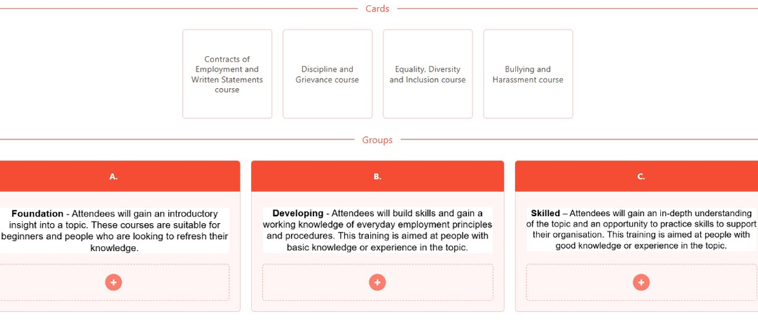 a screenshot of a card sorting activity with cards to be sorted into groups